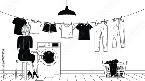 Woman sitting on stool waiting for laundry in front of washing machine with clothes hanging on line in minimal line art style