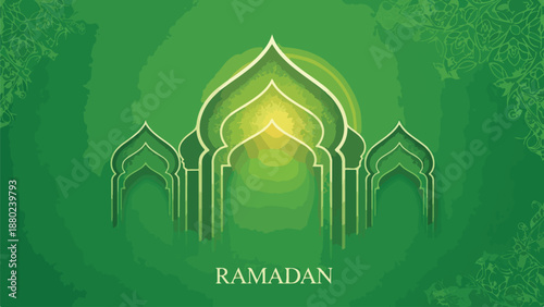 Green Islamic arch design with Ramadan text