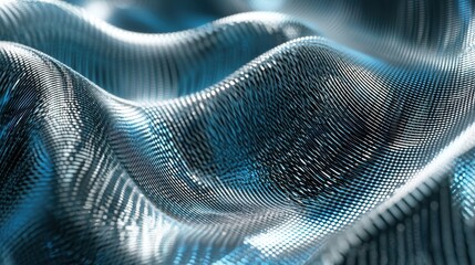 Optical fringe patterns laser interference waves creating dynamic flowing geometry with blue silver metallic surface textures and precise mathematical wave structures