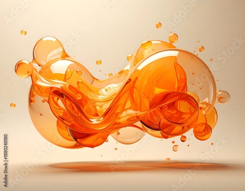 Abstract, flowing orange translucent blobs cluster, floating against a soft beige backdrop with subtle shadows below