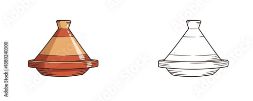 Tagine in cartoon style terracotta and sand colors ceramic conical cooking vessel for traditional moroccan cuisine on white background