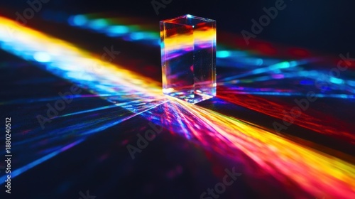 Diffraction order spectra crystal prism laser light dispersion rainbow bands optical physics phenomenon dark surface vibrant colors interference patterns macro