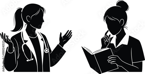 Female doctor explaining medical information to a student or patient reading a book, professional healthcare consultation and educational silhouette illustration concept.