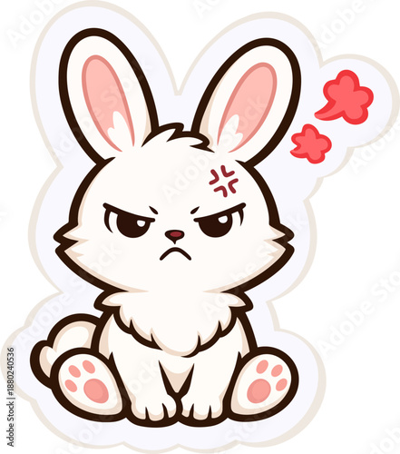 Cute cartoon rabbit with an angry facial expression showing irritation. Flat vector illustration suitable for expressive animal stickers and emotional reaction designs.