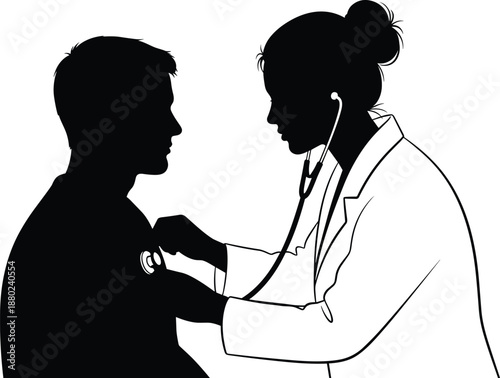 Female doctor silhouette using stethoscope to examine male patient heart and lungs in medical clinic, professional healthcare checkup and diagnostic consultation
