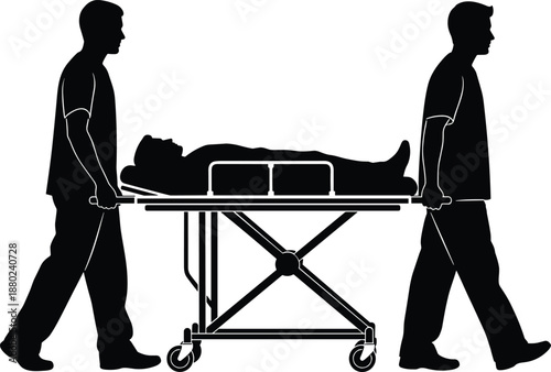 Medical paramedics silhouette pushing patient on hospital gurney stretcher for emergency rescue healthcare services, professional clinical transportation isolated on white background.