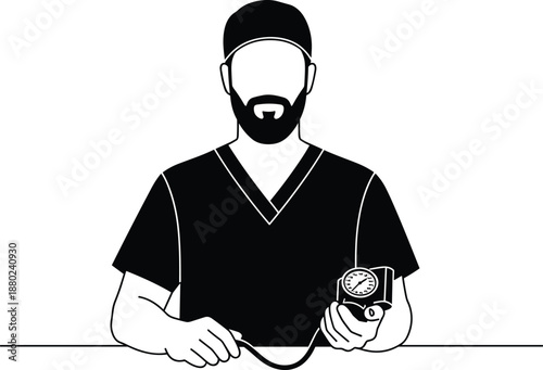Professional male doctor or nurse wearing medical scrubs and surgical cap holding a blood pressure monitor for patient health checkup clinic.