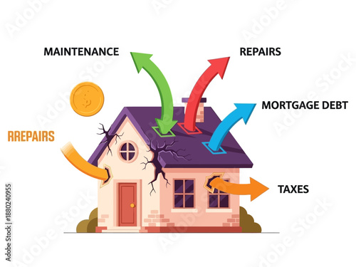 Hidden Costs of Homeownership Illustration Showing Mortgage, Taxes, Repairs, and Maintenance