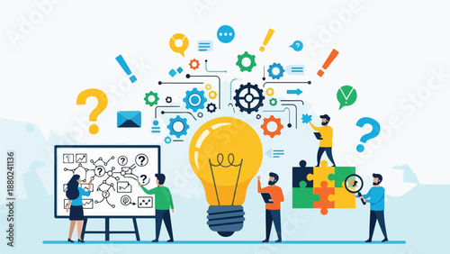 Illustration of people brainstorming with lightbulb and symbols