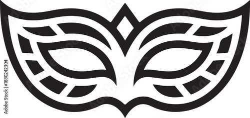Stylized black outline of a masquerade mask with intricate openwork patterns