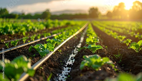 Rows of Fresh Green Lettuce Plants Being Irrigated at Sunrise.
