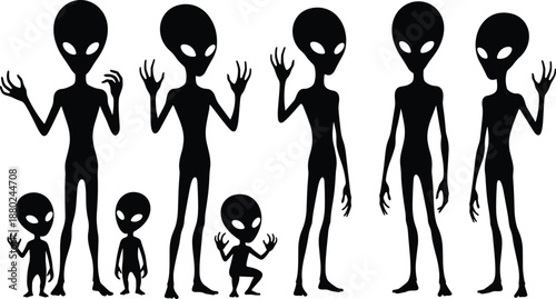 Alien silhouettes set with different poses and sizes, extraterrestrial characters fantasy sci fi concept black vector illustration