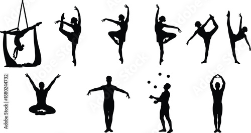 Ballet dancer and acrobat silhouettes performing graceful poses, yoga and circus movement set, artistic dance illustration isolated white background