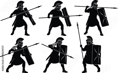 Ancient Roman soldier silhouette set with spear and shield, gladiator and legion warrior combat poses illustration isolated white background