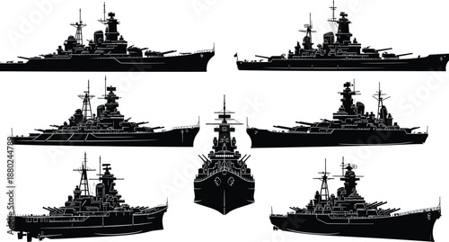 Battleship silhouette set with modern naval warships and destroyers, military fleet views, black vector illustration isolated on white