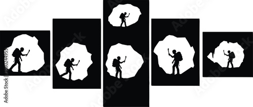 Cave explorer silhouette set with adventurer holding torch inside underground tunnels, exploration and discovery concept, black vector illustration isolated