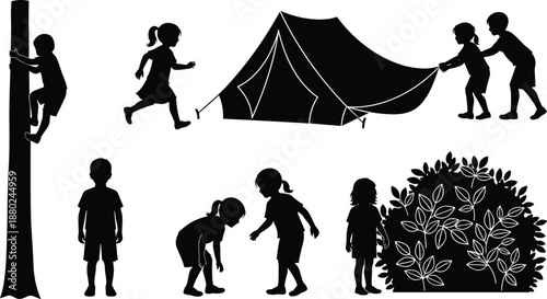 Children camping adventure silhouettes set, kids playing outdoors with tent and trees, childhood exploration black vector illustration