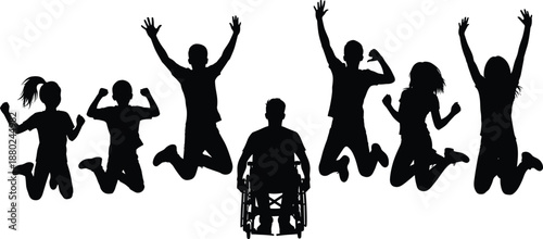 Diverse people jumping celebration silhouette with wheelchair user included, unity happiness success concept, black vector illustration isolated on white