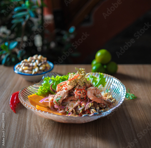 Traditional Peruvian cuisine featuring ceviche made with fresh fish, leche de tigre and causa acevichada served on elegant plates. Fresh seafood dishes representing Peruvian gastronomy, Latin American