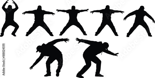 Hip hop dancer silhouette set performing street dance moves, urban breakdance poses collection, modern dance illustration isolated white background