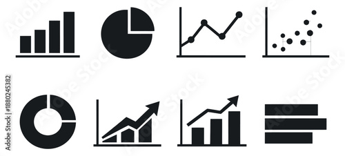 Modern flat data visualization icons set featuring various types of graphs and charts for business and statistics