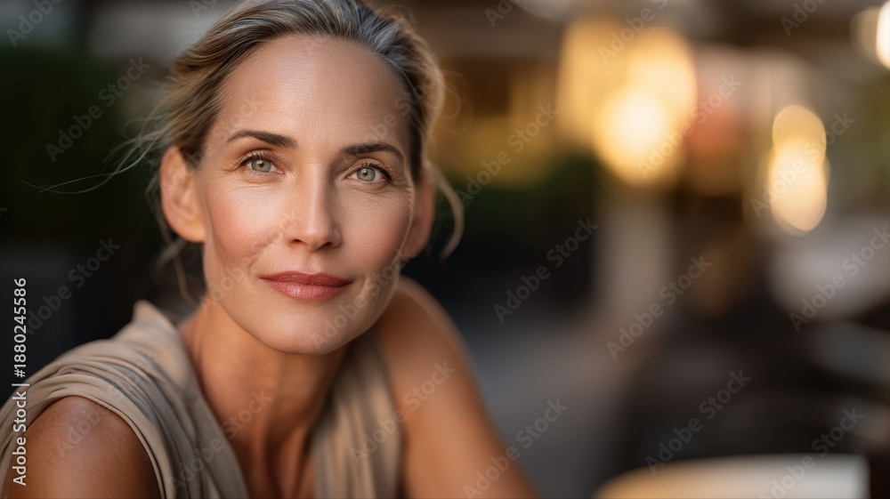 Obraz premium Portrait of a serene mature woman with elegant features and a gentle smile outdoors