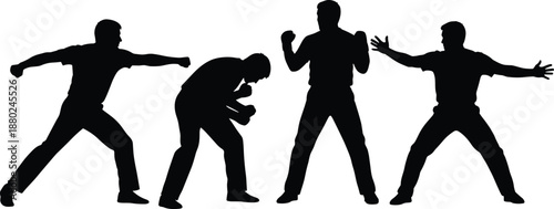 Men fighting silhouettes, aggressive boxing poses, conflict violence concept, martial arts action scene, black white human silhouettes illustration
