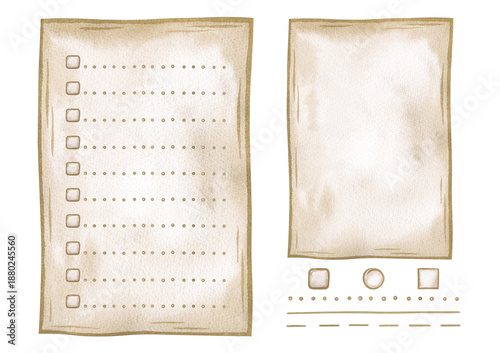 A to-do list with a checkbox, a set for creating your own checklist: a blank form, lines of dots, dashes, continuous line, various checkboxes. Hand-painted watercolor illustration of isolated elements