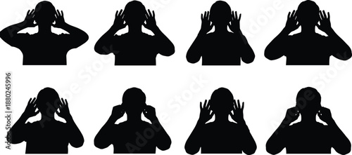 People covering ears silhouettes set, hear no evil gesture stress anxiety communication concept, human reaction illustration isolated