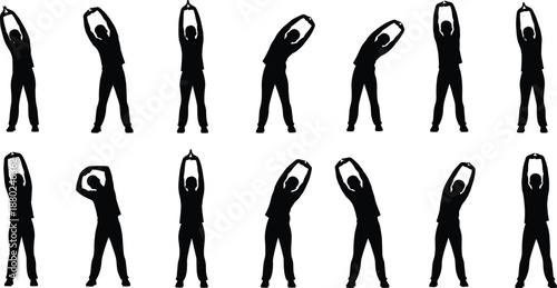People stretching exercise silhouettes, standing warm up yoga poses, fitness routine movements, black human body stretching vector illustration set