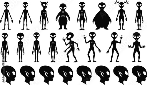 Alien character silhouettes set, extraterrestrial humanoid figures and head profiles, black vector illustration collection for science fiction fantasy design