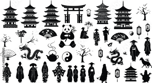 Asian culture silhouette icons collection, Japanese Chinese pagoda dragon panda geisha lantern vector illustration set for travel, tradition, heritage, and cultural design projects