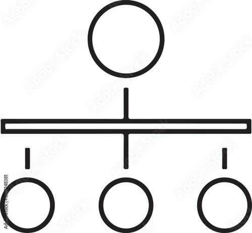 A minimalist black and white line art organizational chart featuring a central top node connected to three subordinate circles, representing a basic business hierarchy or structure.