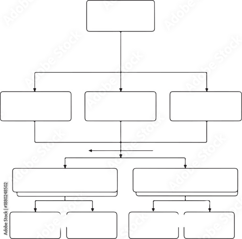 A minimalist black and white line art flowchart featuring a hierarchical structure of rectangular boxes connected by vertical and horizontal lines to represent a corporate or system process.