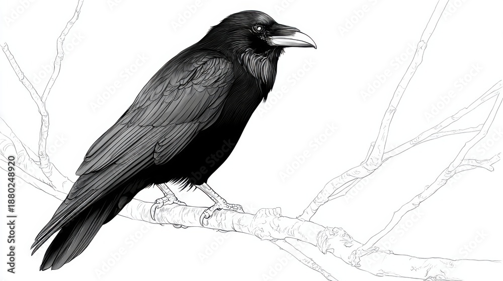 Fototapeta premium Detailed Sketch of a Raven Perched on a Branch in Black and White