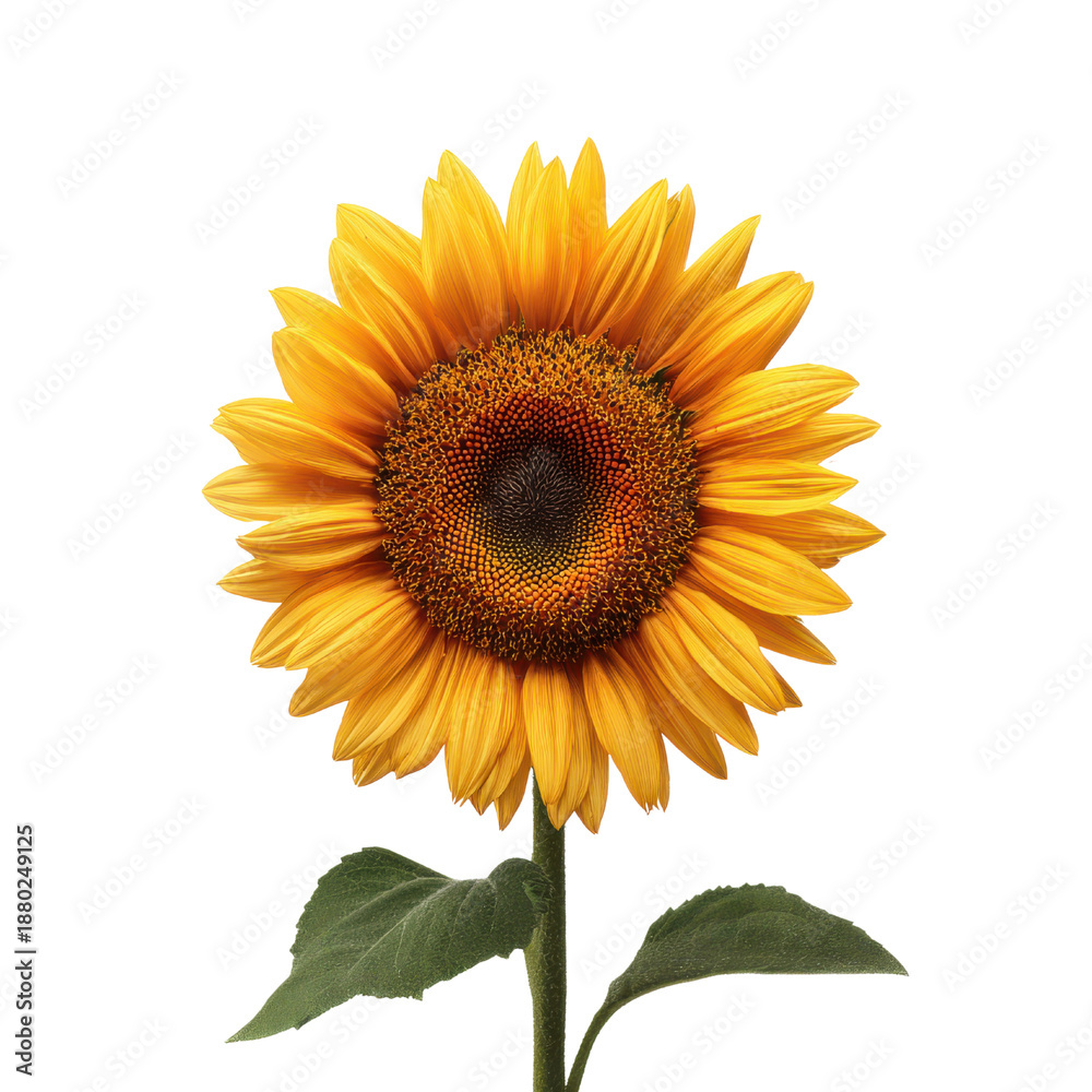 Obraz premium Vibrant yellow sunflower with dark center and green leaves against black background orange brown