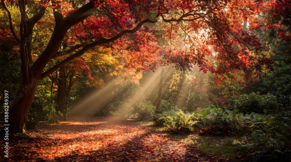Obraz premium Sunlight shafts pierce through autumn forest canopy casting golden rays on fallen leaves and lush foliage