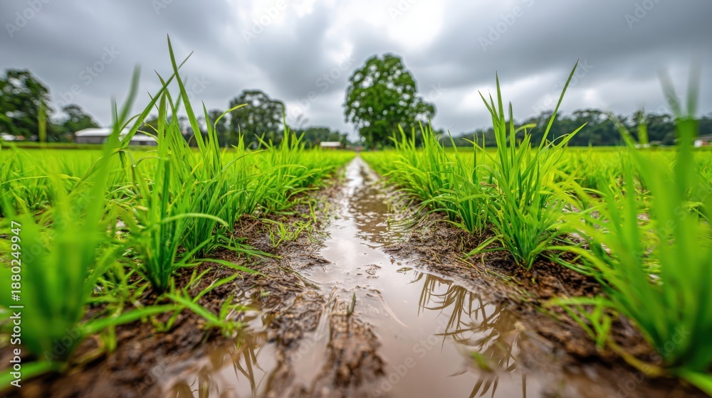 Fototapeta premium Vibrant green rice shoots emerge from a muddy paddy field with reflections under a cloudy sky