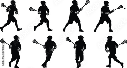 Black Lacrosse Player Silhouette Set Featuring Male Athletes in Action Poses Running Shooting and Passing on a White Background for Sports Graphic Design