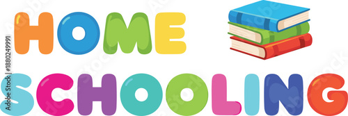 Home, schooling, colorful, text, typography, education, learning, books, kids, study, school, homeschool, banner, illustration, playful, letters, isolated, background, design, concept