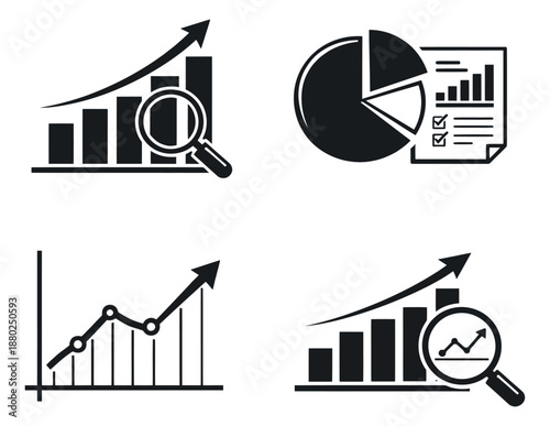 Simple graphic business analysis icons set featuring growing bar graphs, line charts, and pie charts for financial data reports