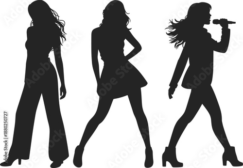 Black silhouette female singer fashion model poses performing with microphone isolated on white background music entertainment illustration set