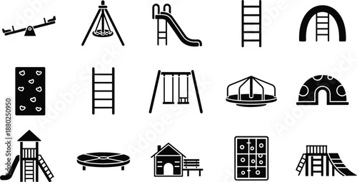 Set of black flat vector icons representing various playground equipment including slides swings seesaws climbing walls and playhouses