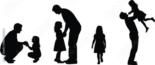 Father and daughter silhouette set showing parenting love care bonding childhood family relationship moments vector illustration collection