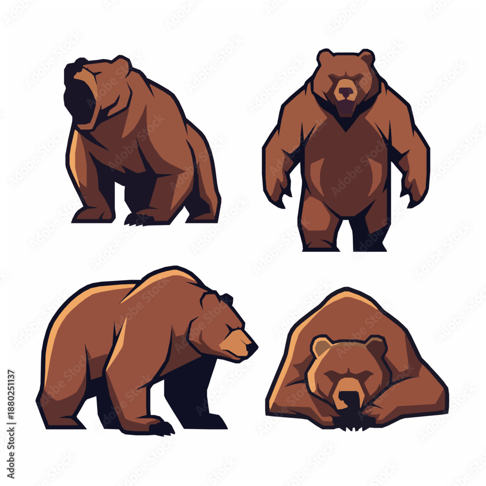 Naklejka premium Flat vector set of big brown bear cartoon character in dynamic poses wild mammal illustration