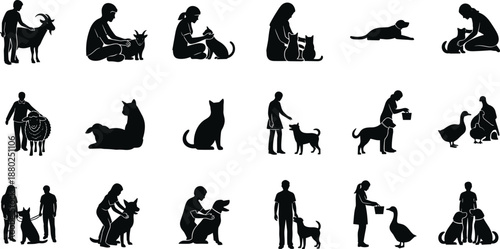 People caring for animals silhouette set showing pets livestock bonding feeding love farm domestic animal relationship vector illustration