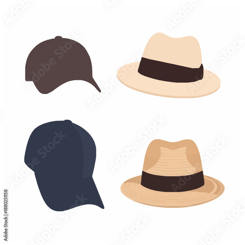 Flat vector set of stylish man and woman hats with baseball cap and elegant panama fashion illustration