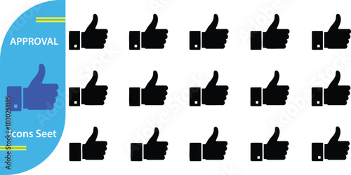 Collection of black thumbs up on white background with blue approval section