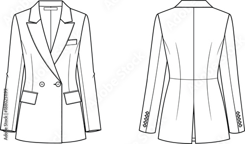 Women tailored long blazer technical fashion illustration front back view CAD flat vector jacket design outline apparel sewing pattern template