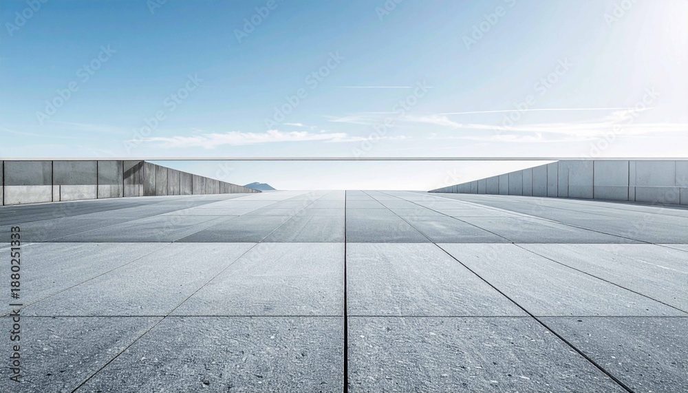 Fototapeta premium The room opens onto a wide horizon with a bright blue sky and a few wispy clouds.&nbsp;In the distance, the silhouette of mountains or hills can be seen faintly, adding to the impression of open space anda
